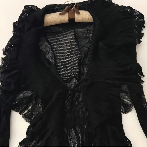 ✨Black Multi-Knit Ruffled Cardigan | Ruffled Trim & Sheer | Statement Piece - Picture 6 of 8